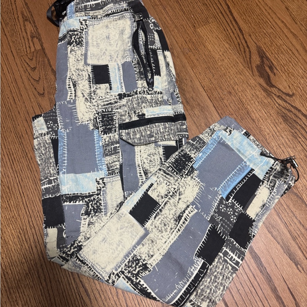 AKIRA Black and Blue Patchwork Pants